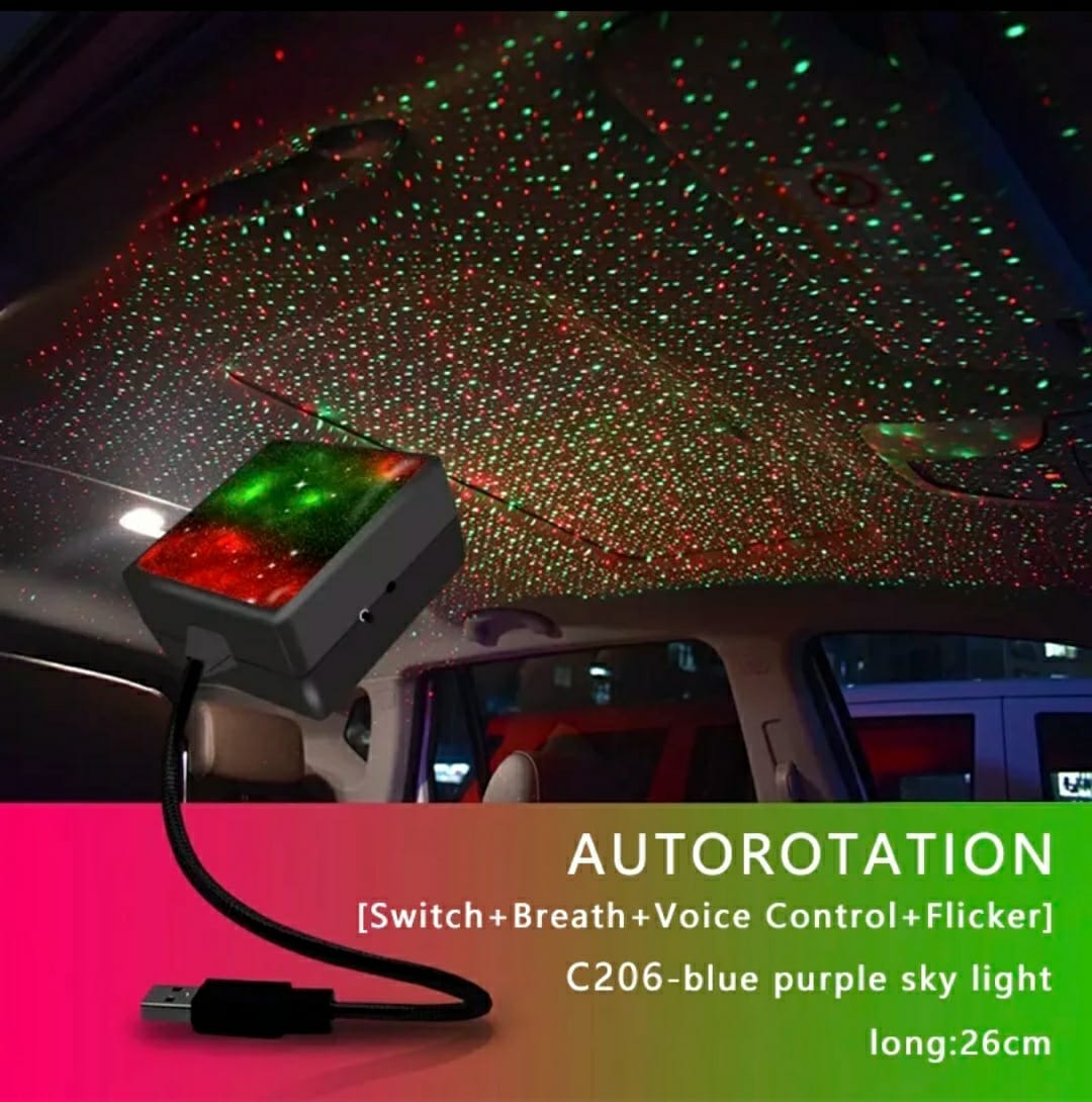 USB car roof atmosphere starry sky light LED projector star night light C208 red and blue two-color automatic rotation - self-contained light - + long press mode