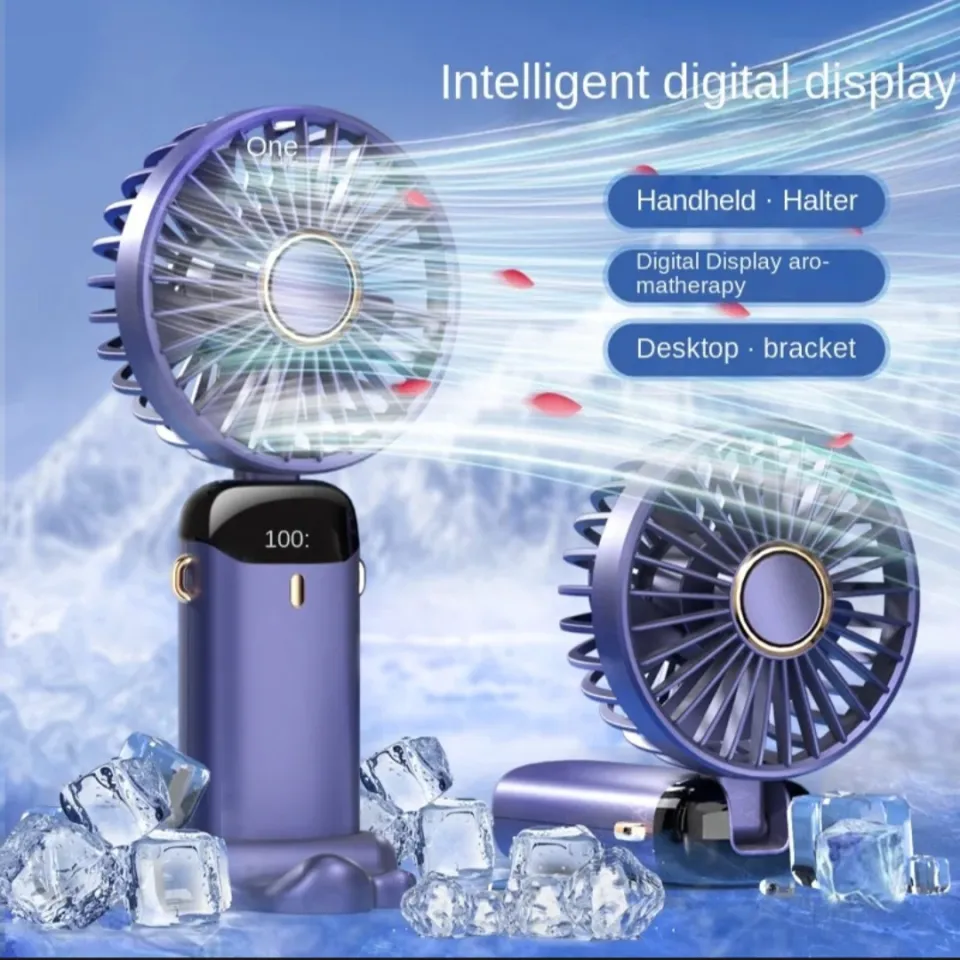 4000mAh Handheld Mini Fan Foldable Portable Neck Hanging Fans 5 Speed USB Rechargeable Fan with Phone Stand and Display Screen_Prime Mall,with mobile stand